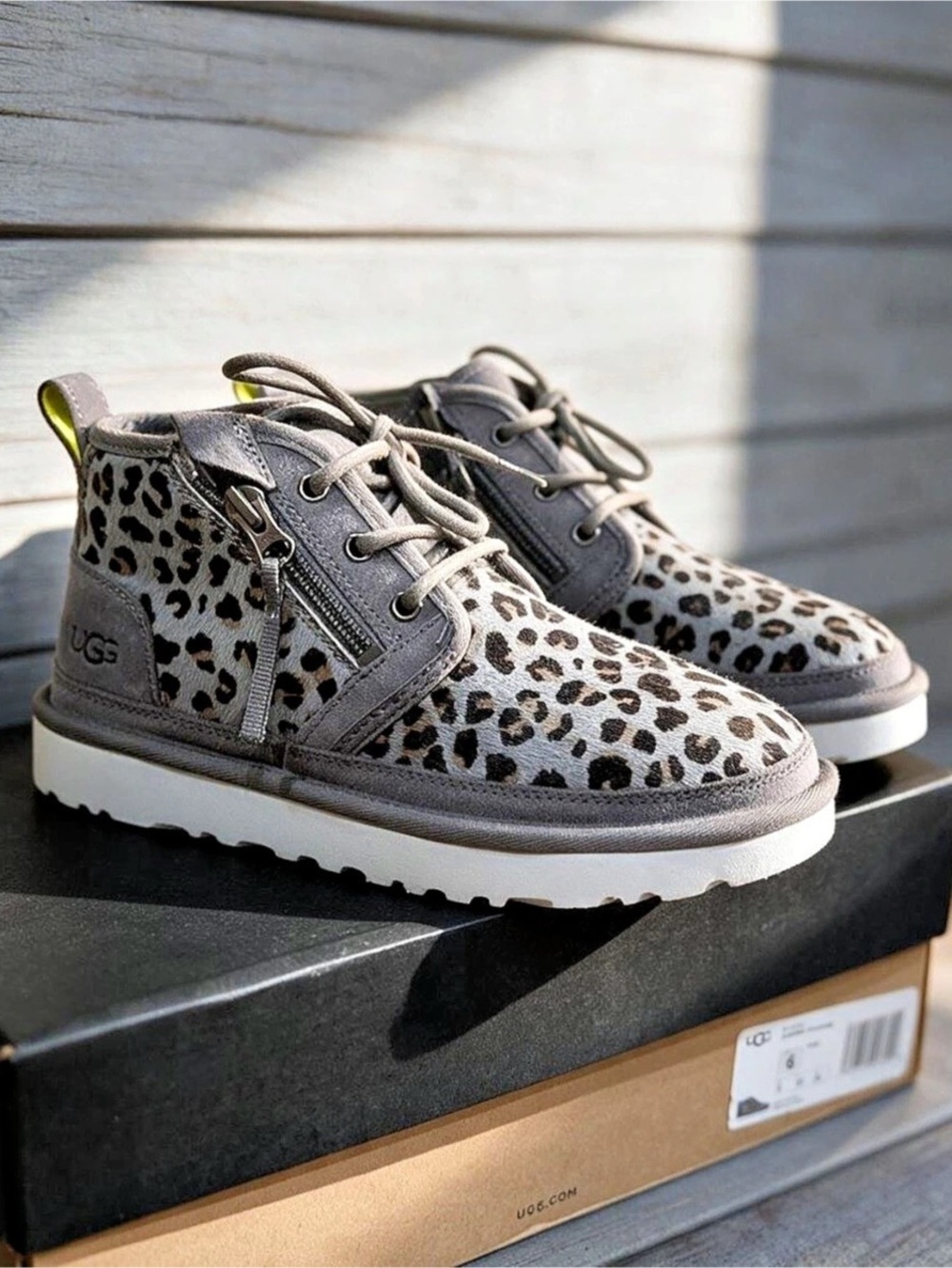 UGG Neumel Zip Leopard Grey Suede Chukka Boot Sherepa M6 W7.5 Like New